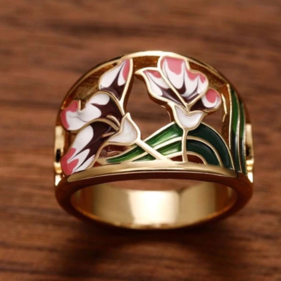 Goldtone Hollow Cut Floral Enamel Cuff Ring sz 6 - Picture 5 of 5